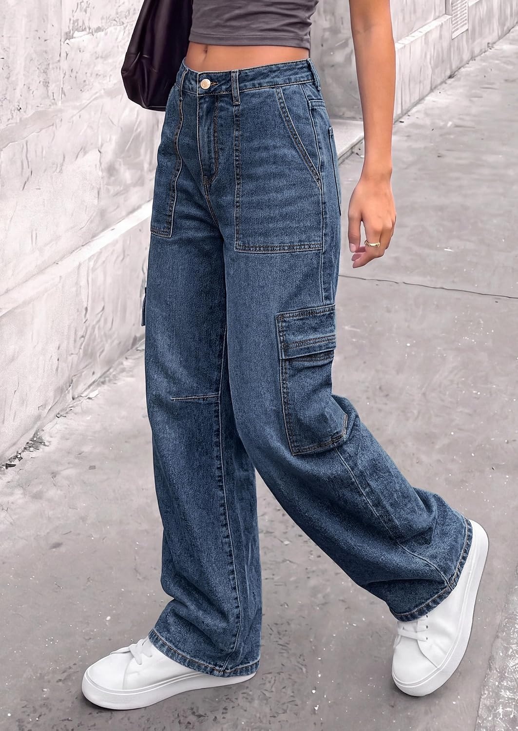 image:imagePRETTYGARDEN Barrel Pants Women Wide Leg Baggy Denim JeansDark Blue