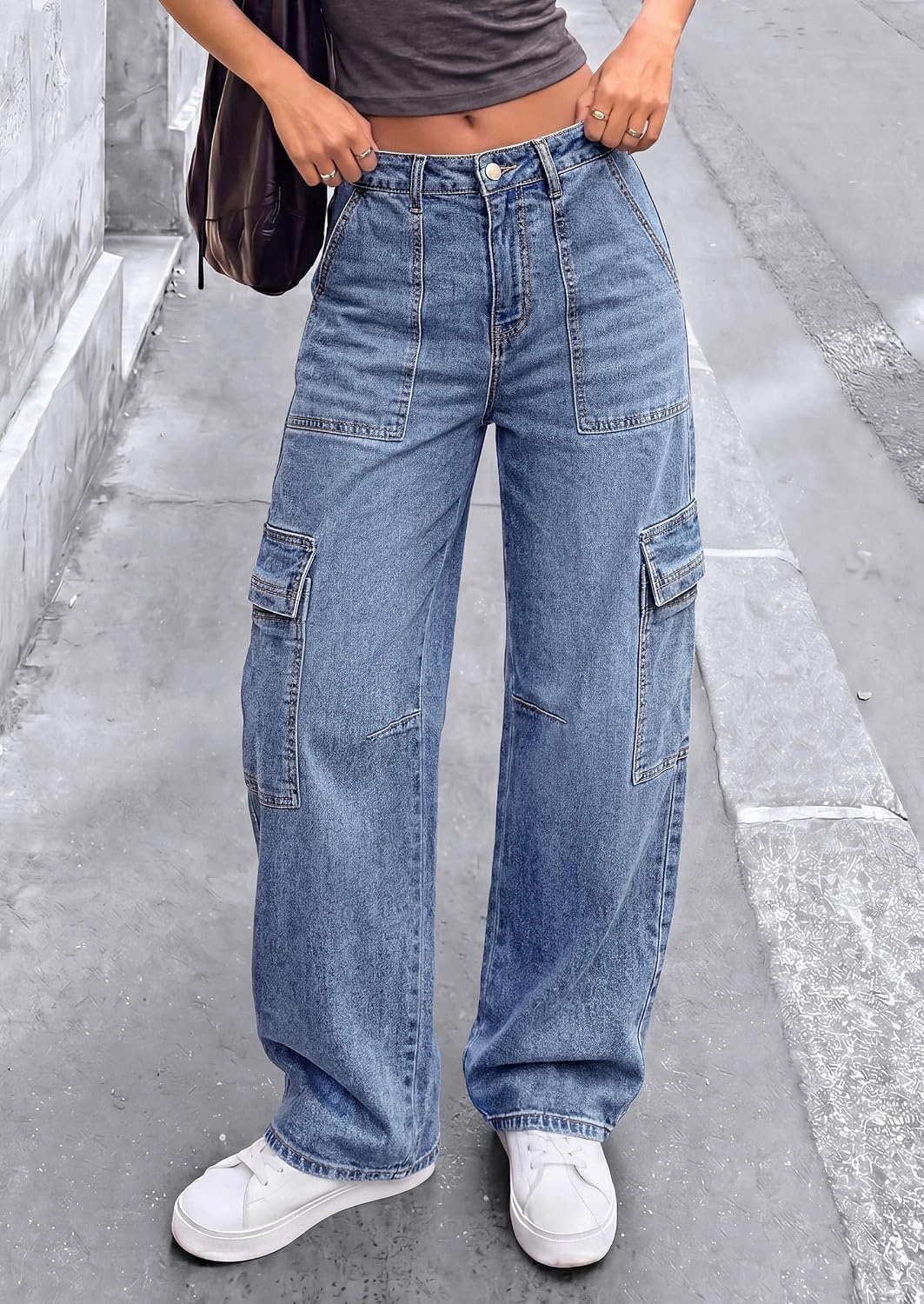 image:imagePRETTYGARDEN Barrel Pants Women Wide Leg Baggy Denim JeansDusk Blue