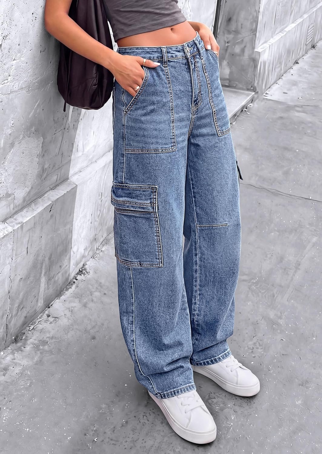 image:imagePRETTYGARDEN Barrel Pants Women Wide Leg Baggy Denim JeansDusk Blue
