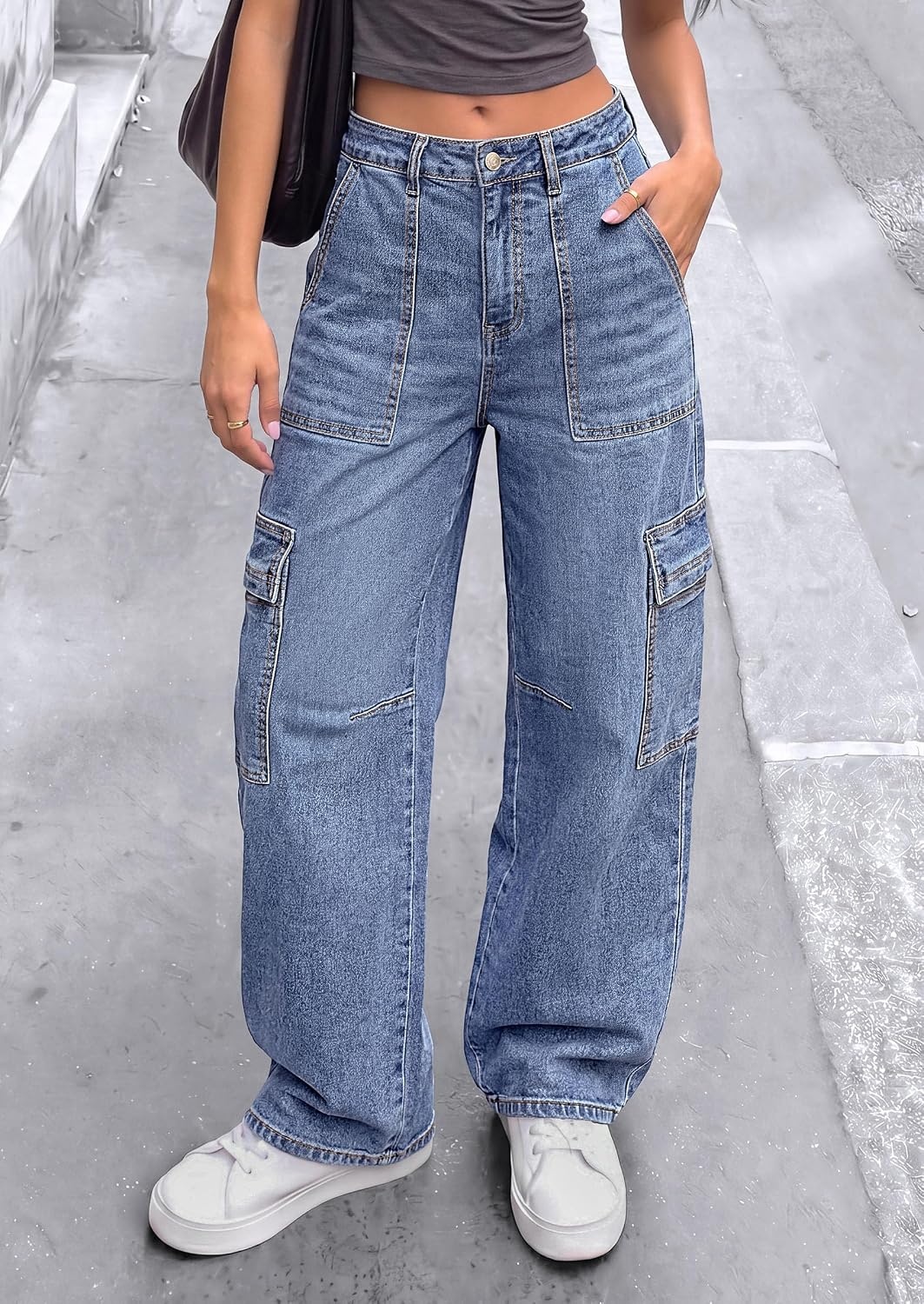 image:imagePRETTYGARDEN Barrel Pants Women Wide Leg Baggy Denim JeansDusk Blue