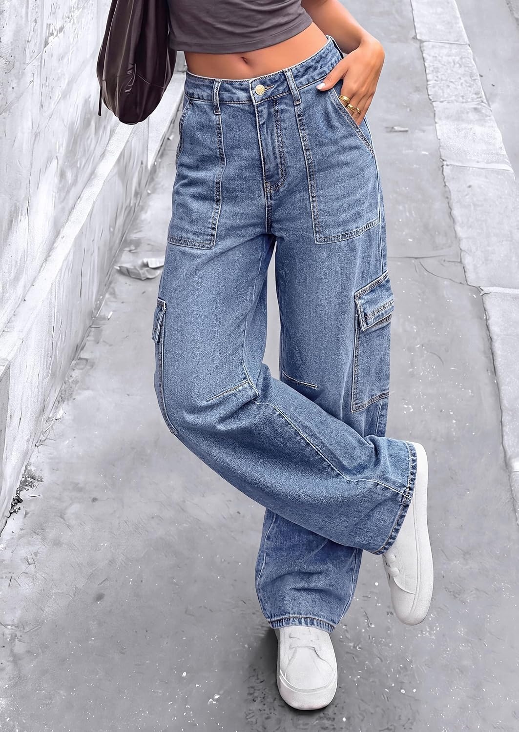 image:imagePRETTYGARDEN Barrel Pants Women Wide Leg Baggy Denim JeansDusk Blue
