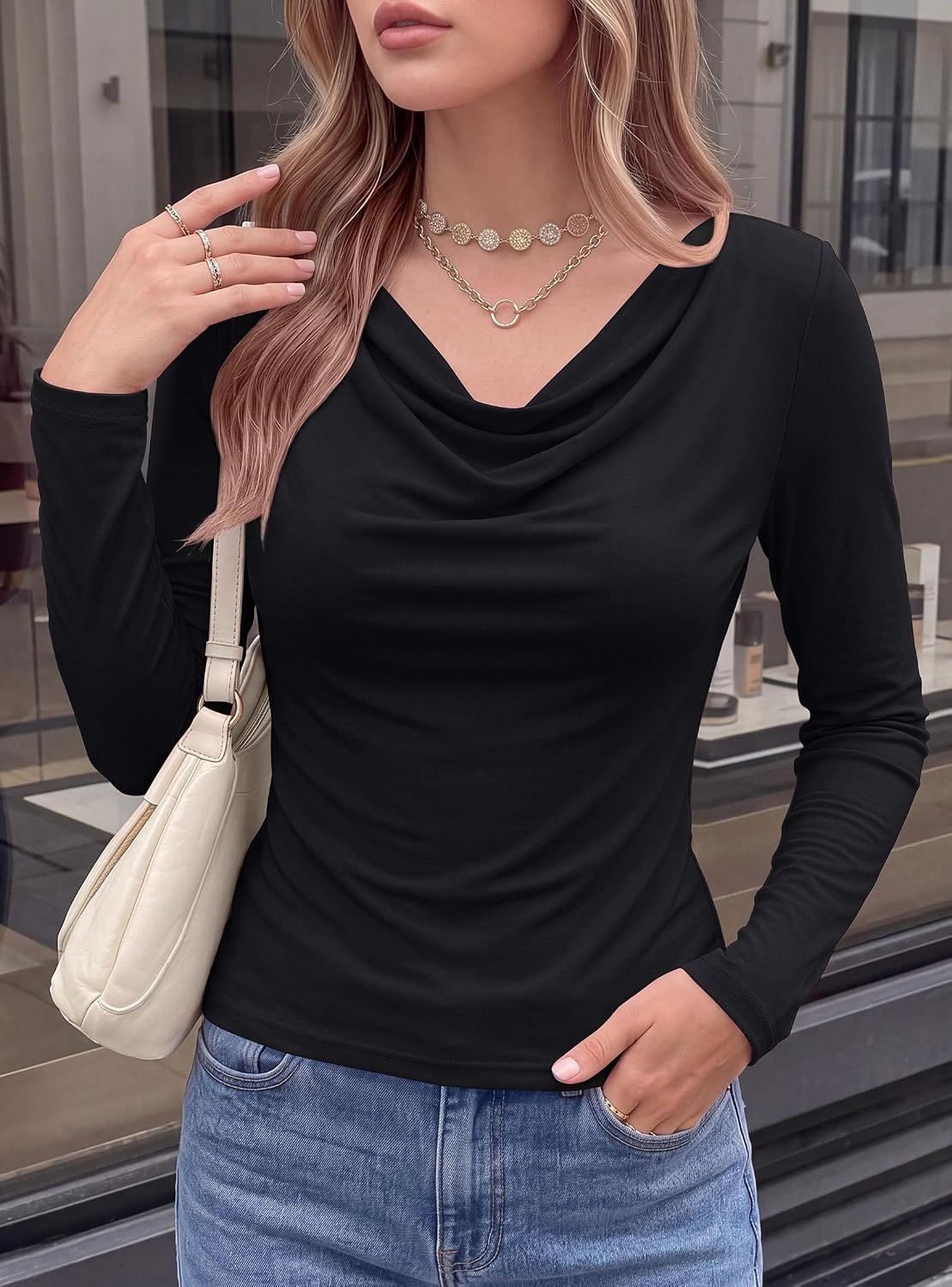 image:imagePRETTYGARDEN Cowl Neck Tops for Women Fashion Long Sleeve ShirtBlack