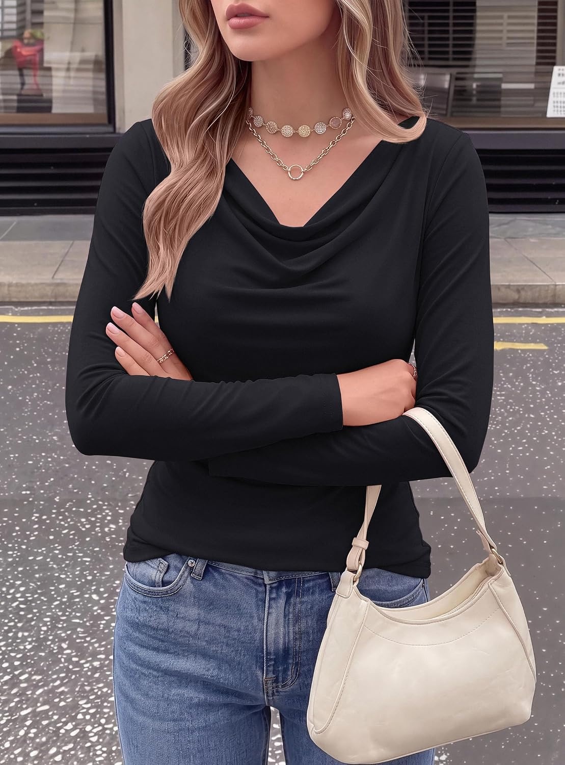 image:imagePRETTYGARDEN Cowl Neck Tops for Women Fashion Long Sleeve ShirtBlack
