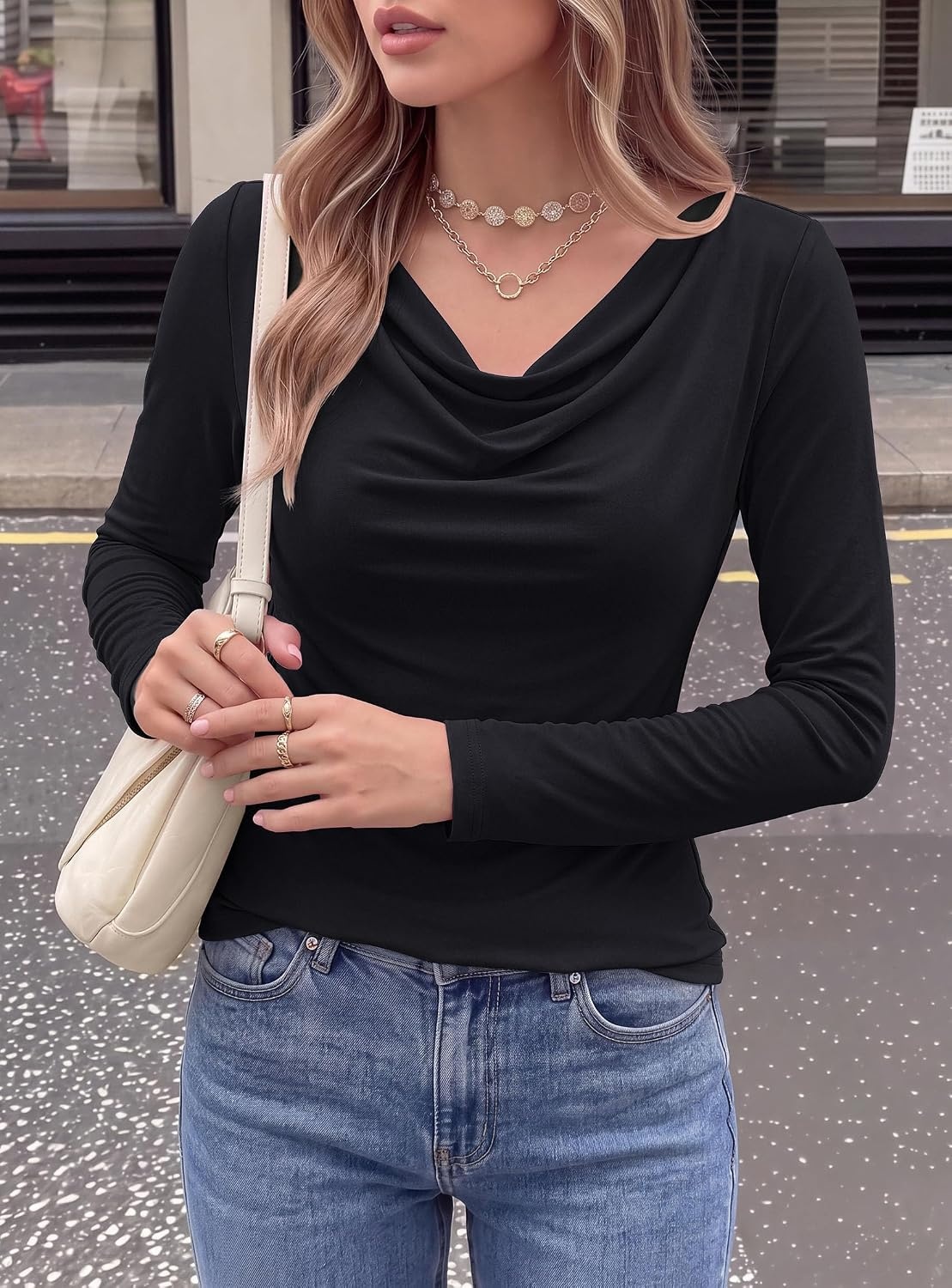 image:imagePRETTYGARDEN Cowl Neck Tops for Women Fashion Long Sleeve ShirtBlack