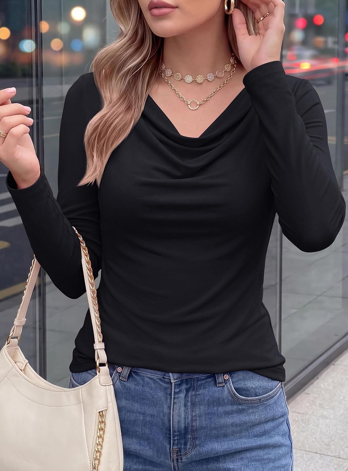 image:imagePRETTYGARDEN Cowl Neck Tops for Women Fashion Long Sleeve ShirtBlack
