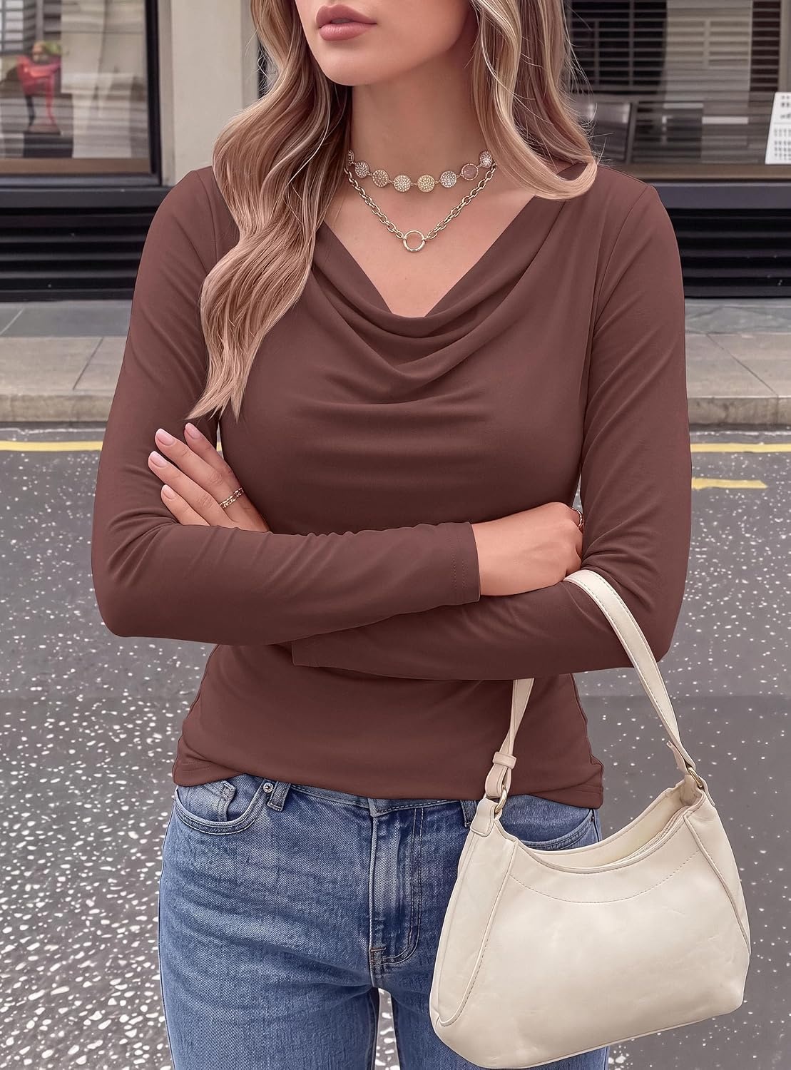 image:imagePRETTYGARDEN Cowl Neck Tops for Women Fashion Long Sleeve ShirtBrown