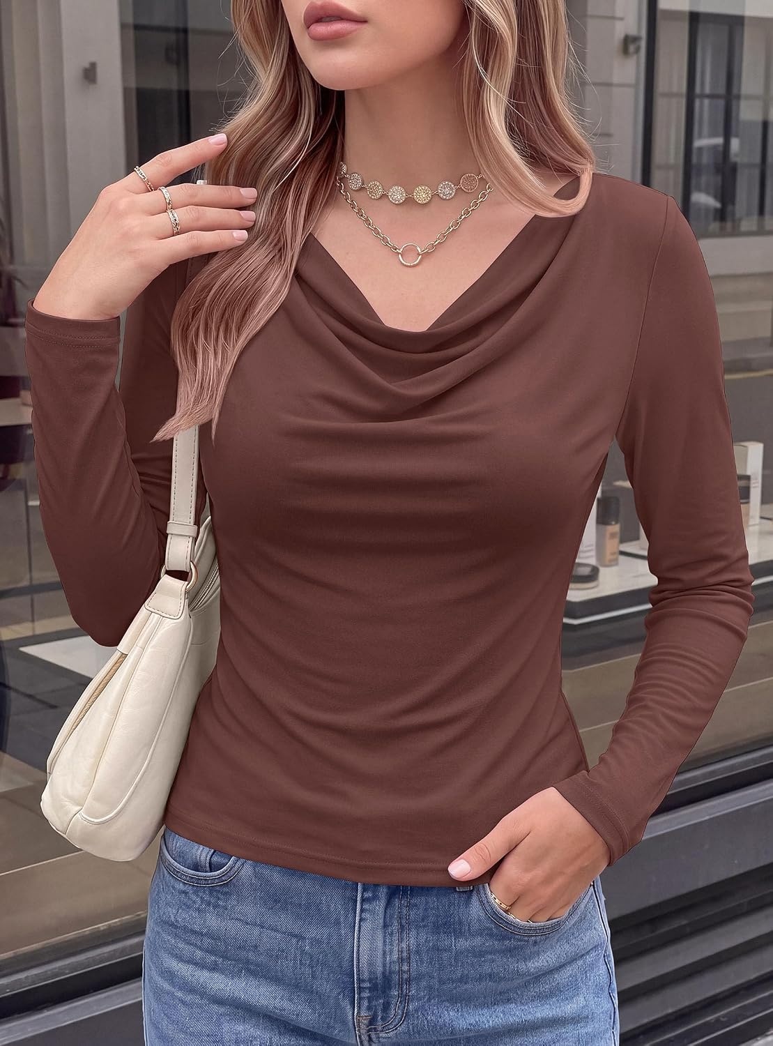 image:imagePRETTYGARDEN Cowl Neck Tops for Women Fashion Long Sleeve ShirtBrown