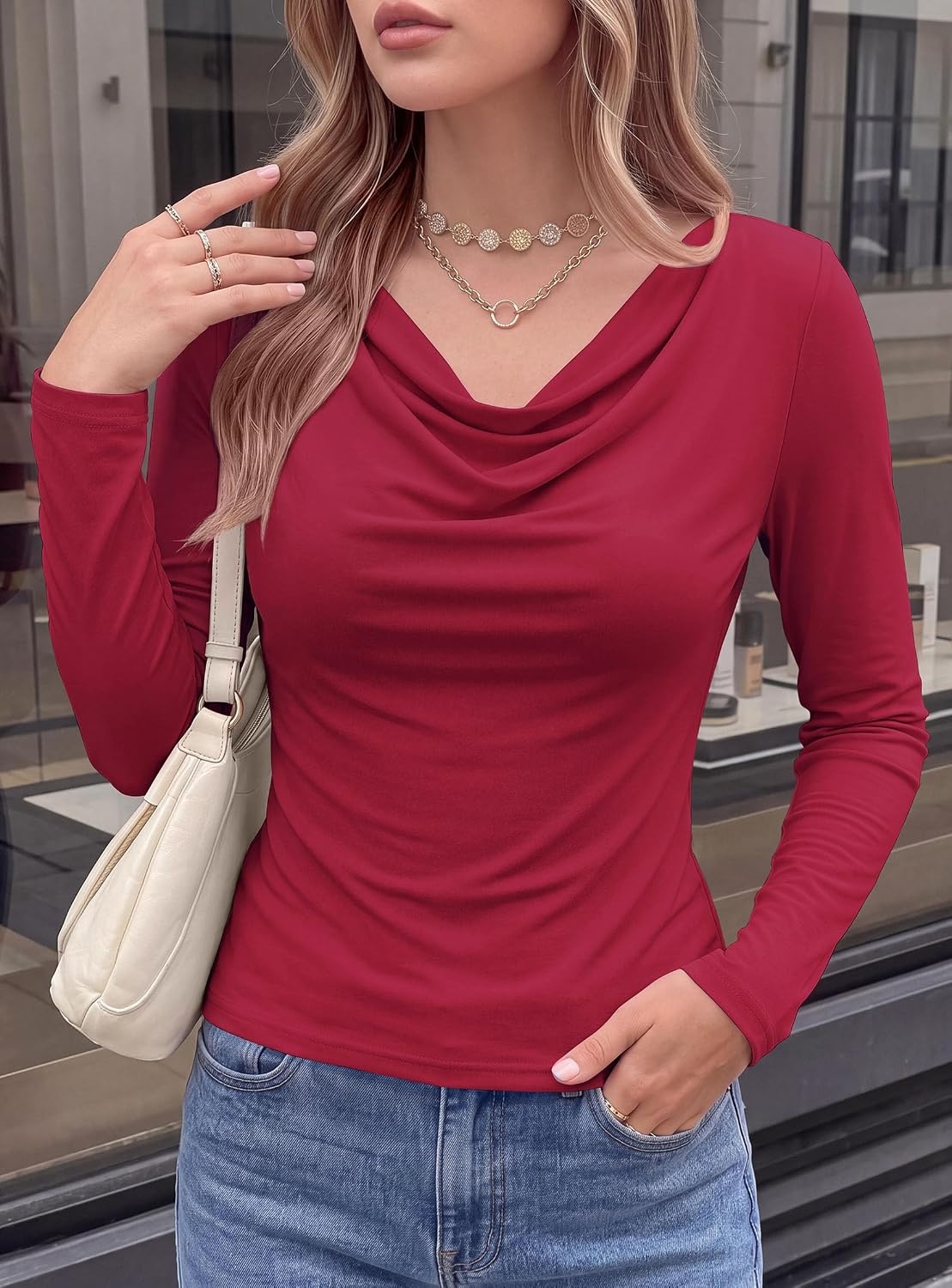 image:imagePRETTYGARDEN Cowl Neck Tops for Women Fashion Long Sleeve ShirtBurgundy