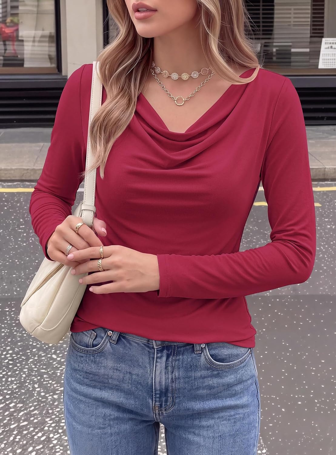 image:imagePRETTYGARDEN Cowl Neck Tops for Women Fashion Long Sleeve ShirtBurgundy