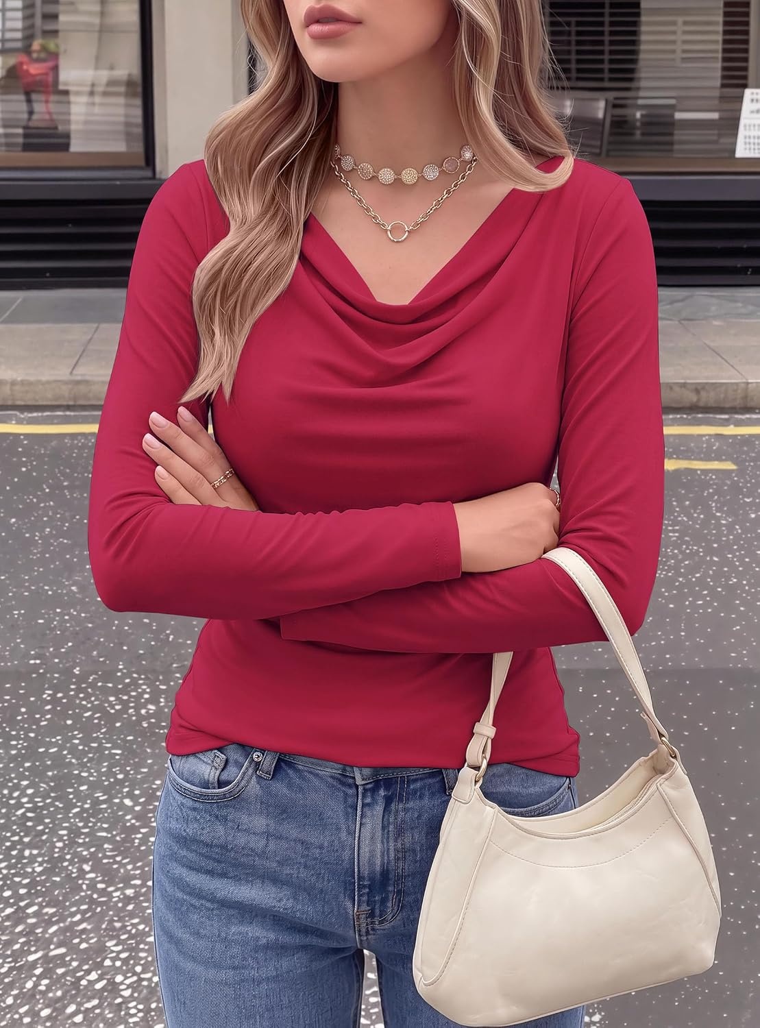 image:imagePRETTYGARDEN Cowl Neck Tops for Women Fashion Long Sleeve ShirtBurgundy