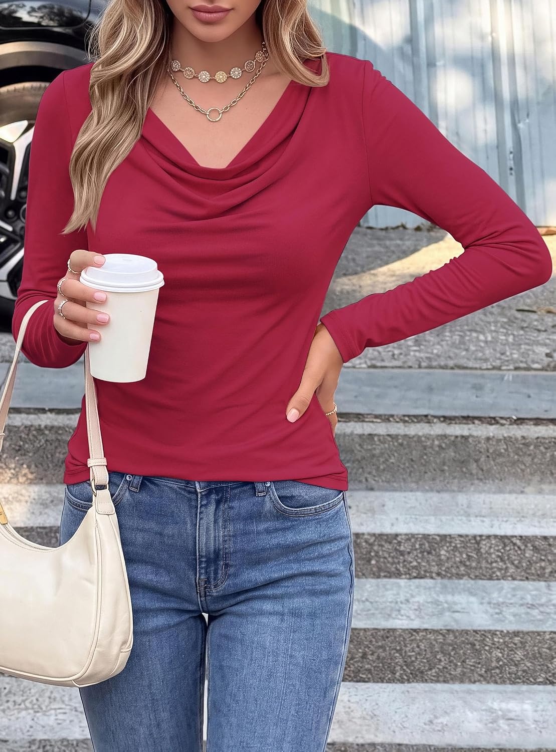 image:imagePRETTYGARDEN Cowl Neck Tops for Women Fashion Long Sleeve ShirtBurgundy