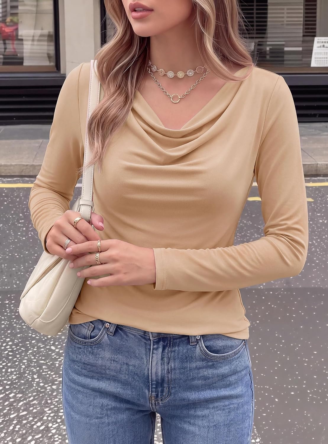 image:imagePRETTYGARDEN Cowl Neck Tops for Women Fashion Long Sleeve ShirtKhaki