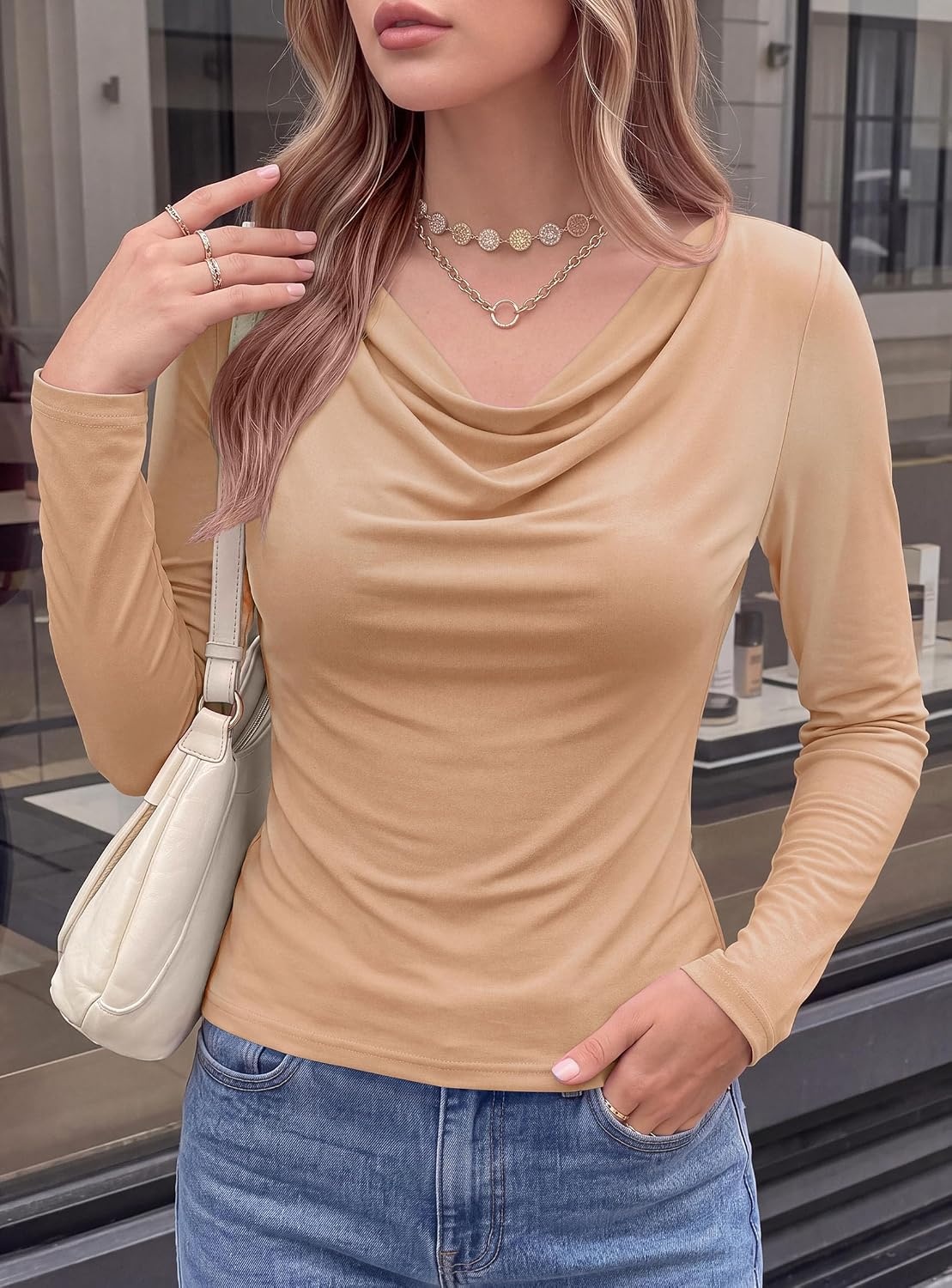 image:imagePRETTYGARDEN Cowl Neck Tops for Women Fashion Long Sleeve ShirtKhaki