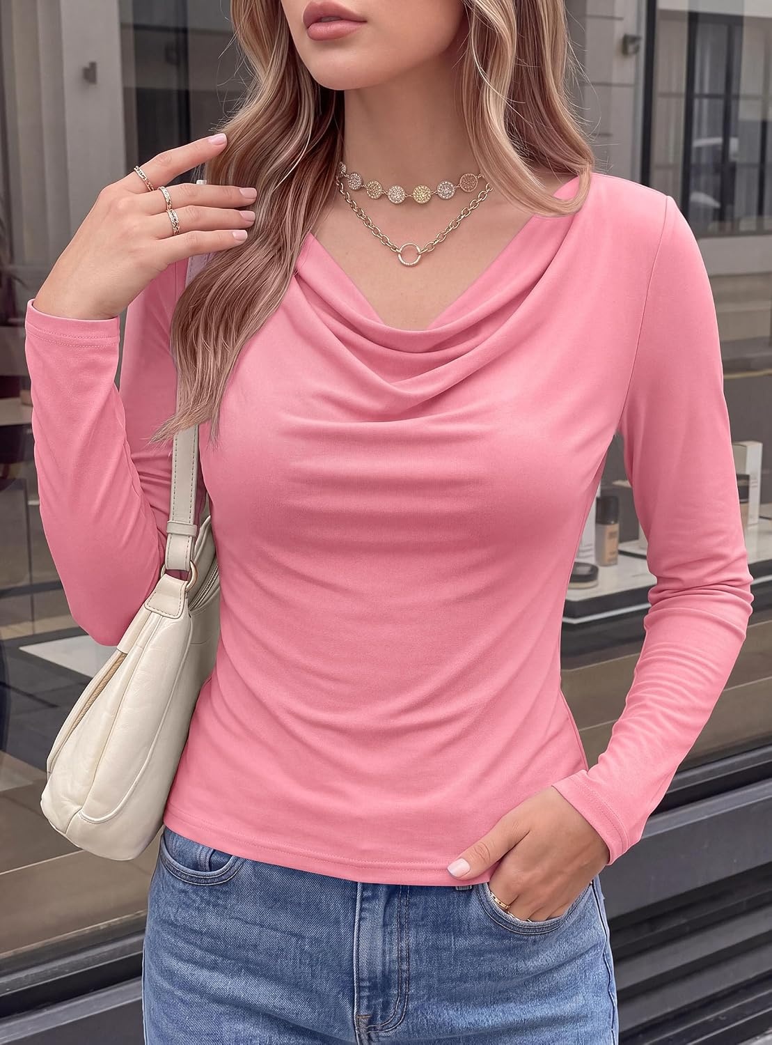 image:imagePRETTYGARDEN Cowl Neck Tops for Women Fashion Long Sleeve ShirtPink