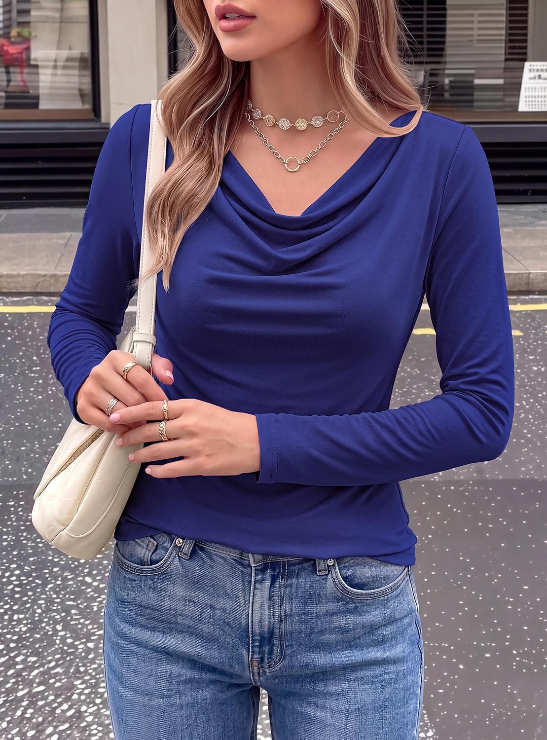 image:imagePRETTYGARDEN Cowl Neck Tops for Women Fashion Long Sleeve ShirtRoyal Blue