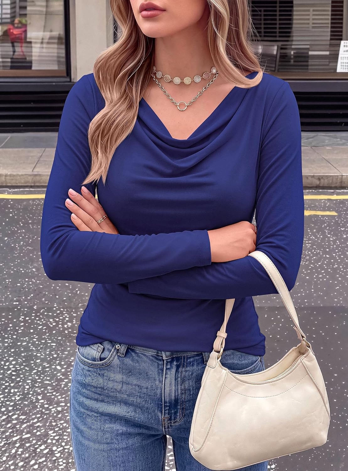 image:imagePRETTYGARDEN Cowl Neck Tops for Women Fashion Long Sleeve ShirtRoyal Blue