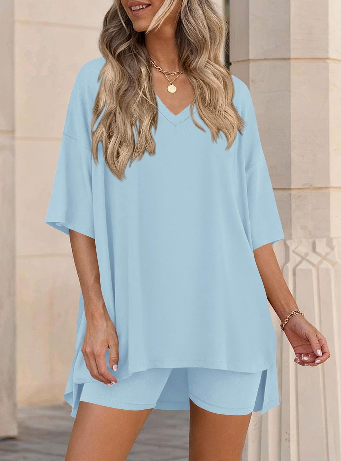 image:imagePRETTYGARDEN Womens 2 Piece Outfit Lounge Short SetsLight Blue