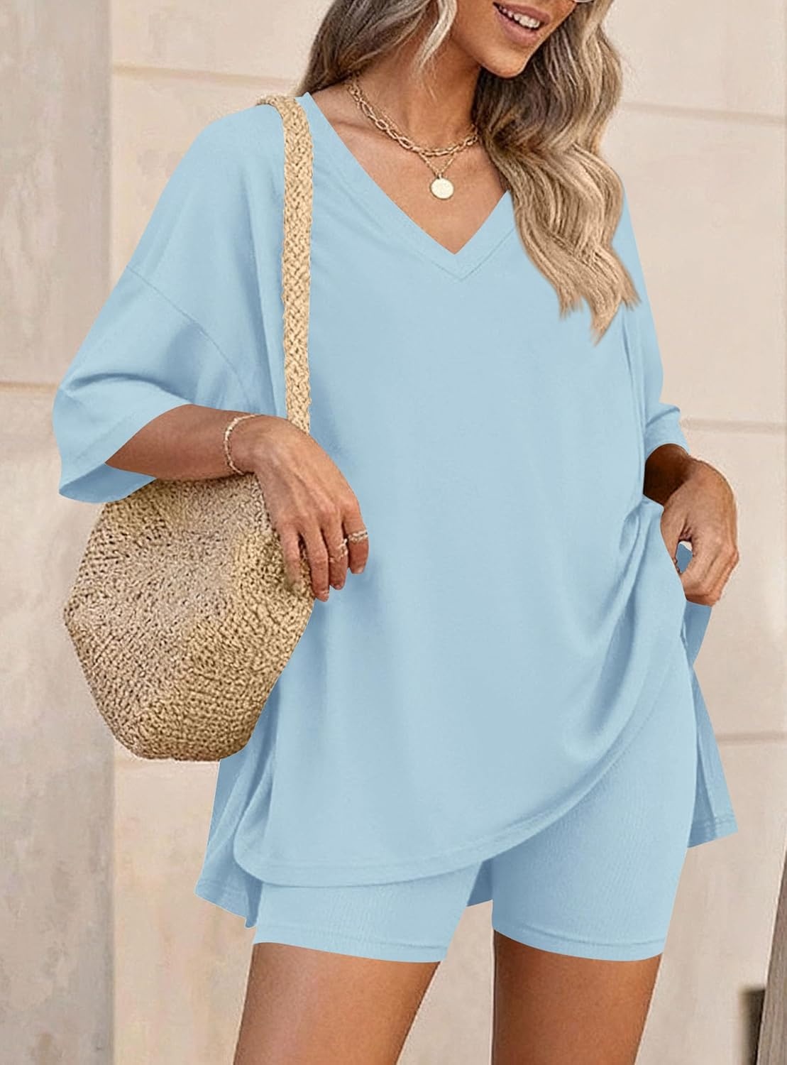 image:imagePRETTYGARDEN Womens 2 Piece Outfit Lounge Short SetsLight Blue