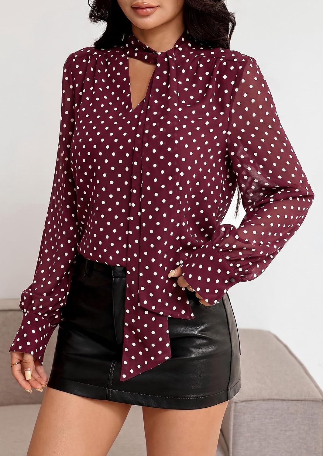 image:imagePRETTYGARDEN Womens Chiffon Boho Blouses Dressy Business Casual Work TopsDot Burgundy