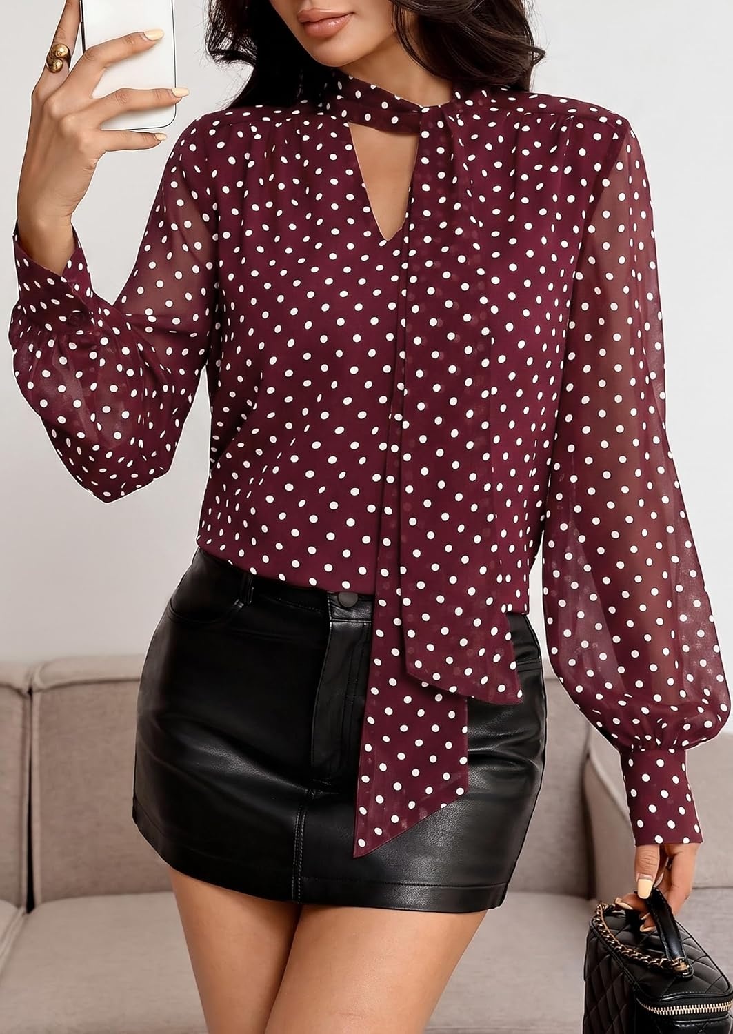 image:imagePRETTYGARDEN Womens Chiffon Boho Blouses Dressy Business Casual Work TopsDot Burgundy