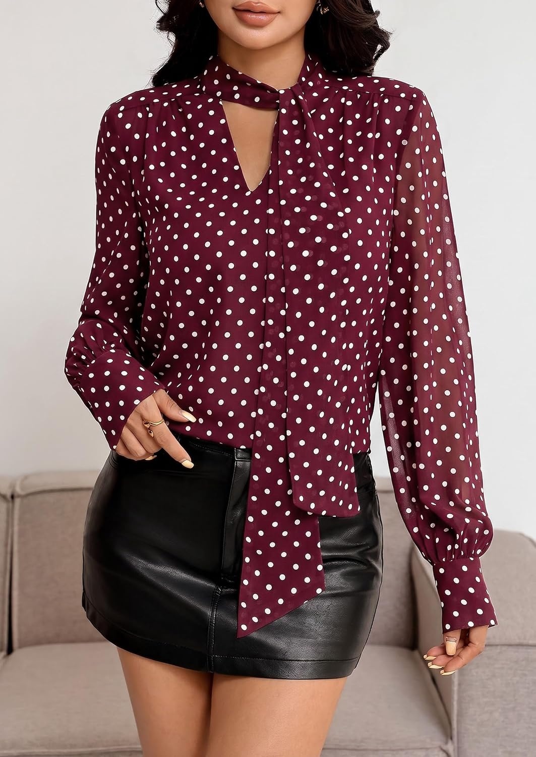 image:imagePRETTYGARDEN Womens Chiffon Boho Blouses Dressy Business Casual Work TopsDot Burgundy