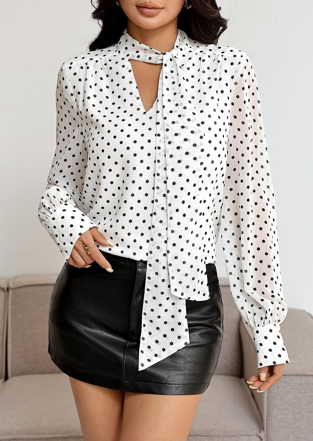 image:imagePRETTYGARDEN Womens Chiffon Boho Blouses Dressy Business Casual Work TopsDot White