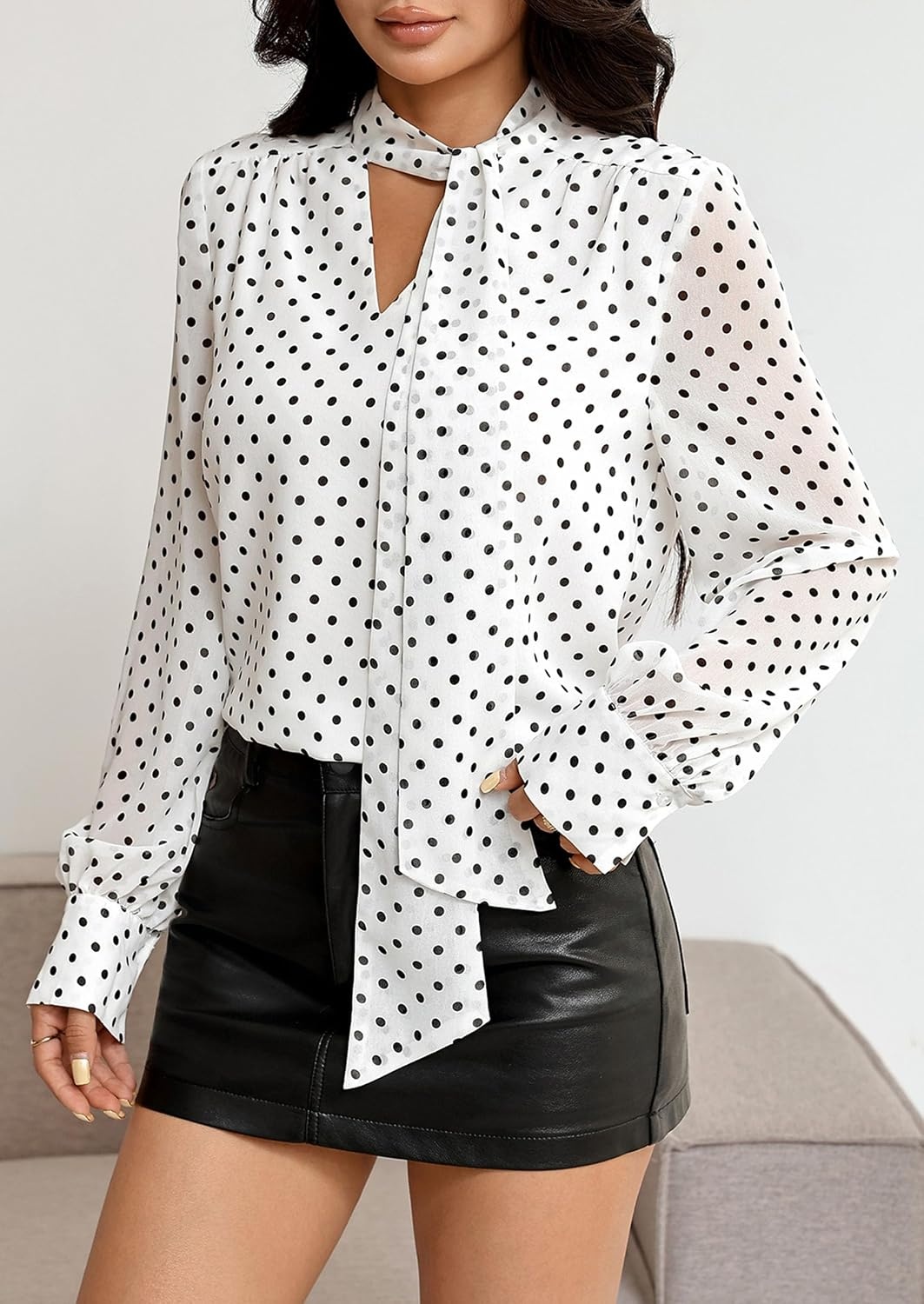 image:imagePRETTYGARDEN Womens Chiffon Boho Blouses Dressy Business Casual Work TopsDot White