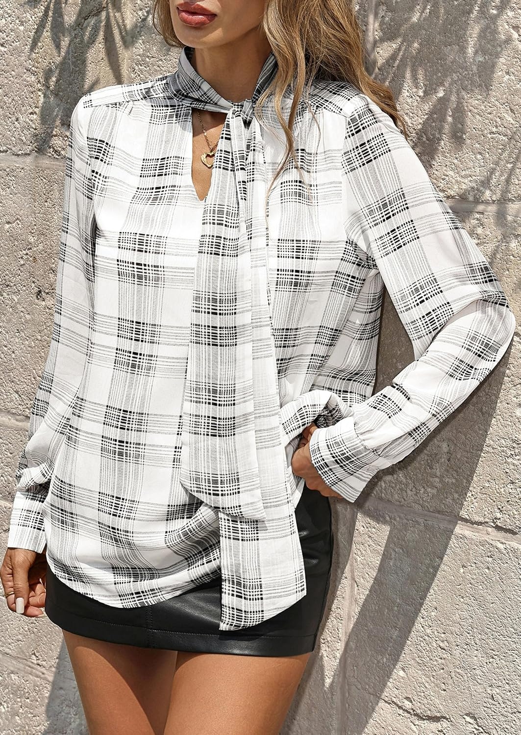 image:imagePRETTYGARDEN Womens Chiffon Boho Blouses Dressy Business Casual Work TopsPlaid Black White