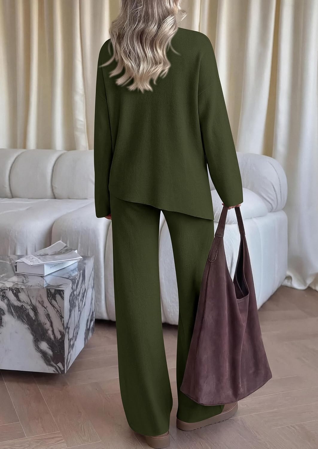 image:imagePRETTYGARDEN Womens Fall 2 Piece Asymmetric Cozy Sweater Travel Lounge SetsArmy Green