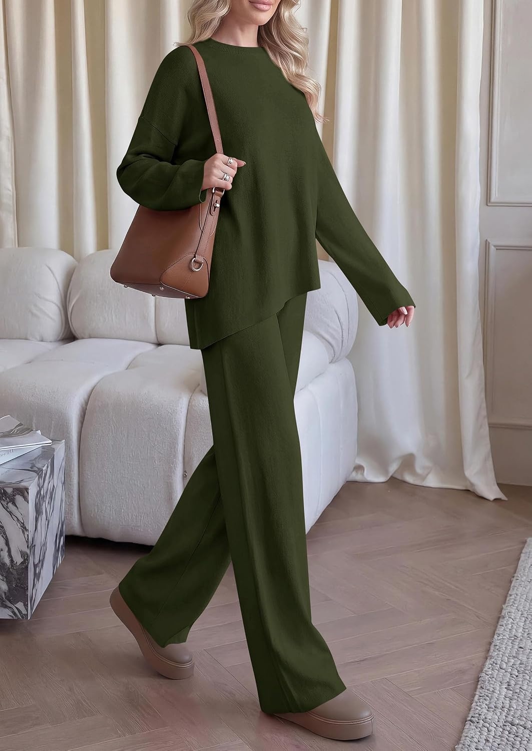 image:imagePRETTYGARDEN Womens Fall 2 Piece Asymmetric Cozy Sweater Travel Lounge SetsArmy Green