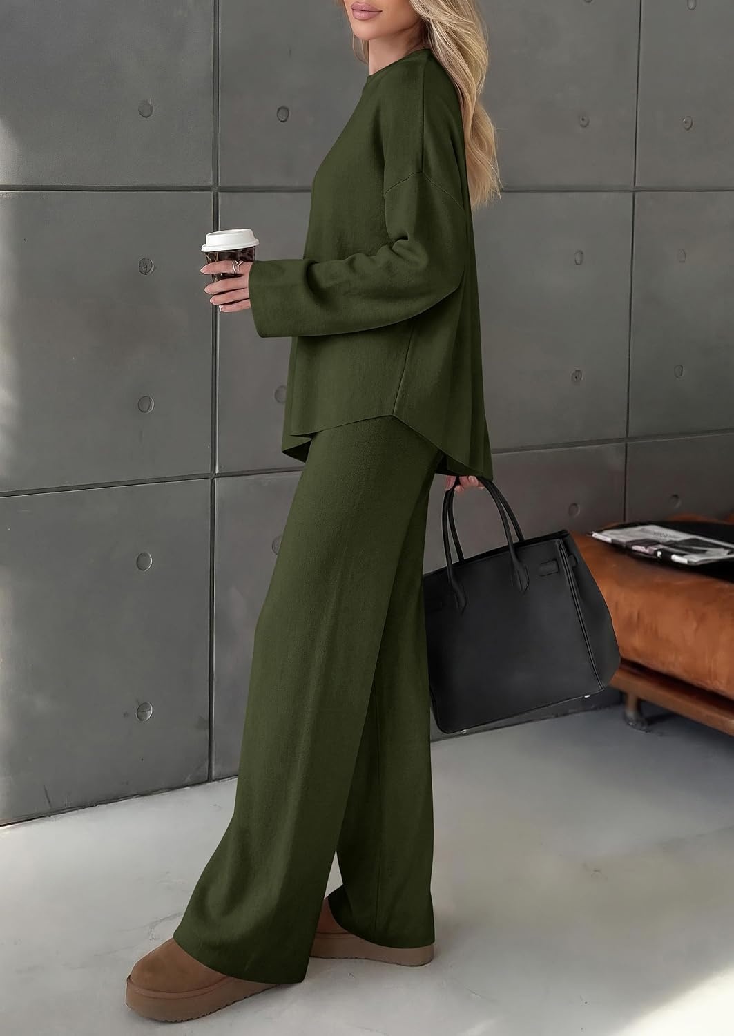 image:imagePRETTYGARDEN Womens Fall 2 Piece Asymmetric Cozy Sweater Travel Lounge SetsArmy Green