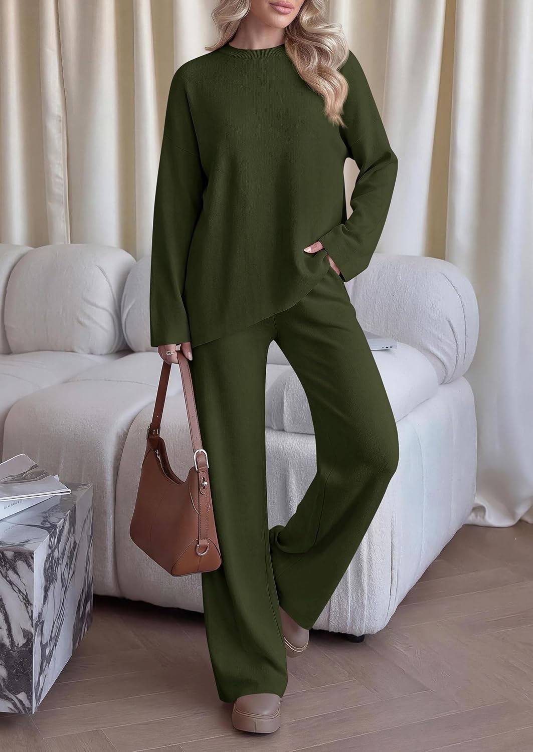 image:imagePRETTYGARDEN Womens Fall 2 Piece Asymmetric Cozy Sweater Travel Lounge SetsArmy Green