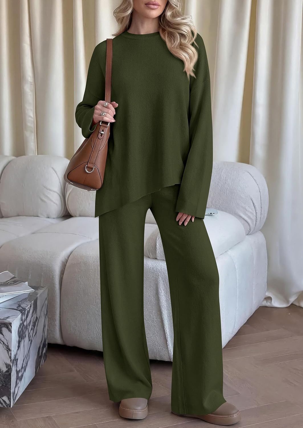 image:imagePRETTYGARDEN Womens Fall 2 Piece Asymmetric Cozy Sweater Travel Lounge SetsArmy Green