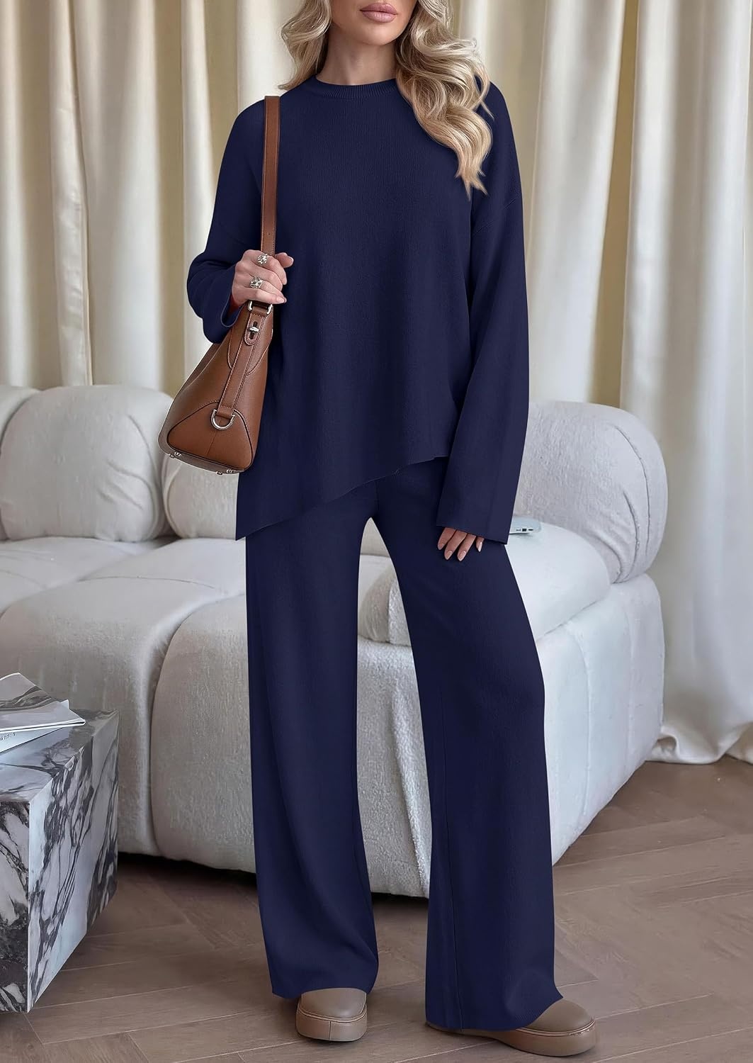 image:imagePRETTYGARDEN Womens Fall 2 Piece Asymmetric Cozy Sweater Travel Lounge SetsNavy Blue