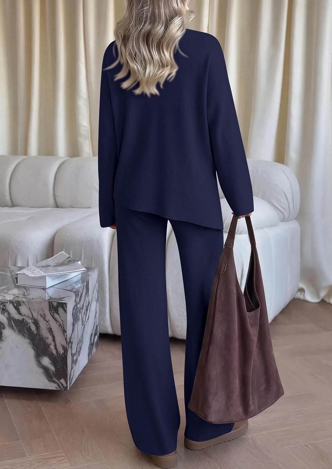 image:imagePRETTYGARDEN Womens Fall 2 Piece Asymmetric Cozy Sweater Travel Lounge SetsNavy Blue
