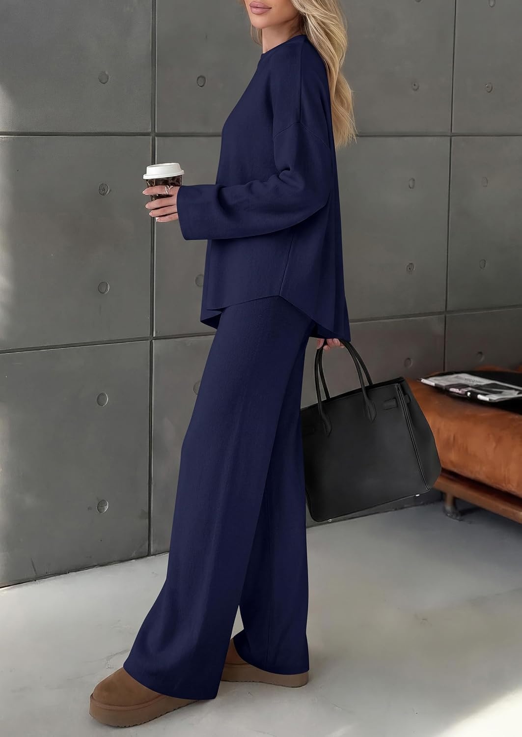 image:imagePRETTYGARDEN Womens Fall 2 Piece Asymmetric Cozy Sweater Travel Lounge SetsNavy Blue