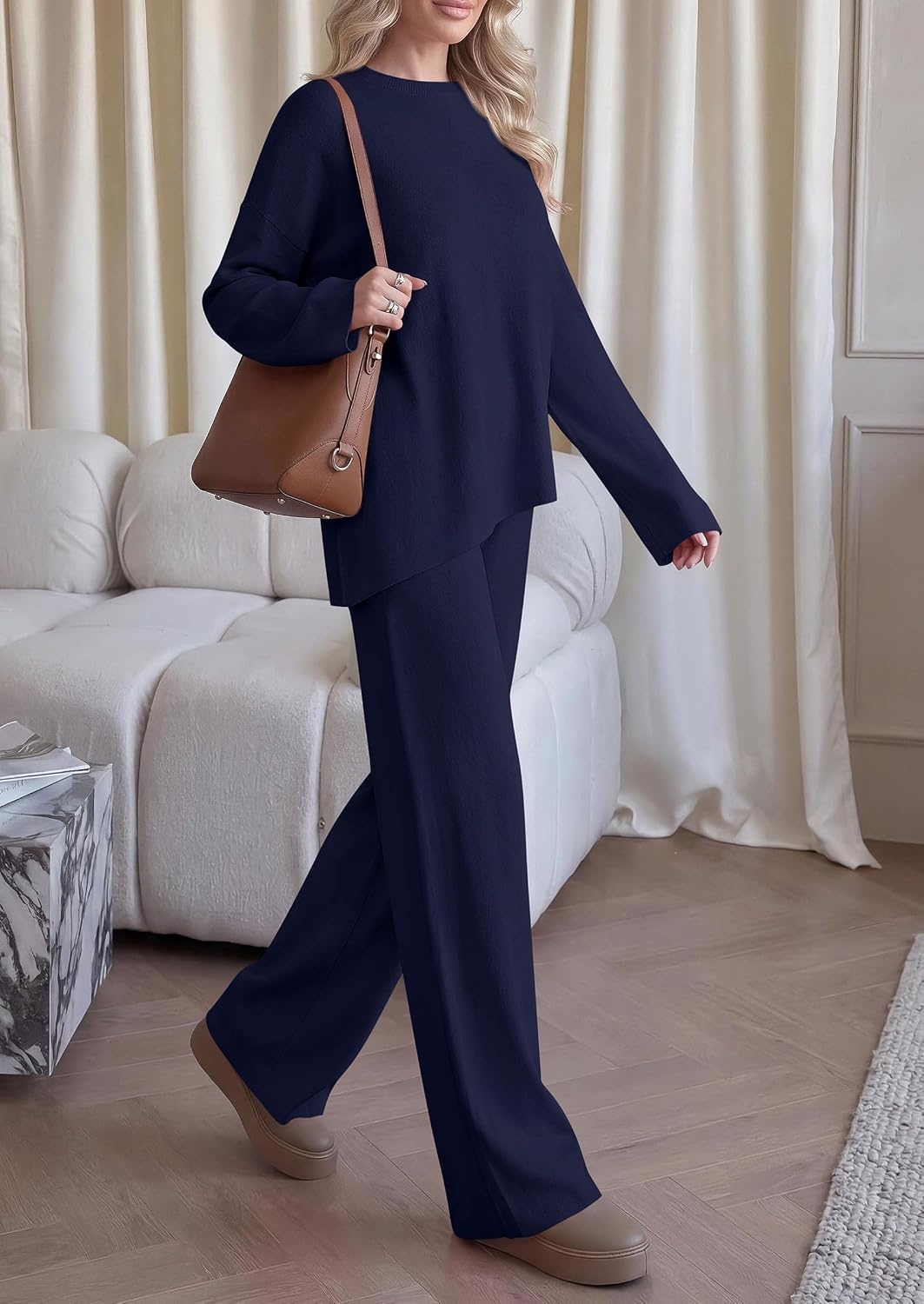 image:imagePRETTYGARDEN Womens Fall 2 Piece Asymmetric Cozy Sweater Travel Lounge SetsNavy Blue