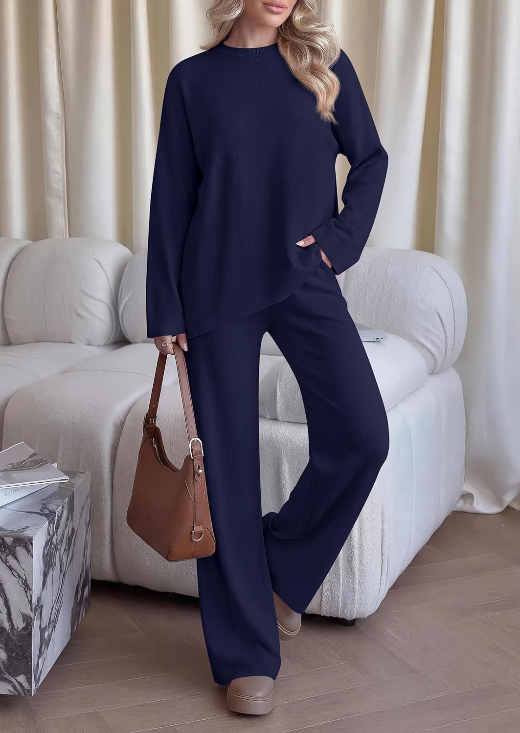 image:imagePRETTYGARDEN Womens Fall 2 Piece Asymmetric Cozy Sweater Travel Lounge SetsNavy Blue