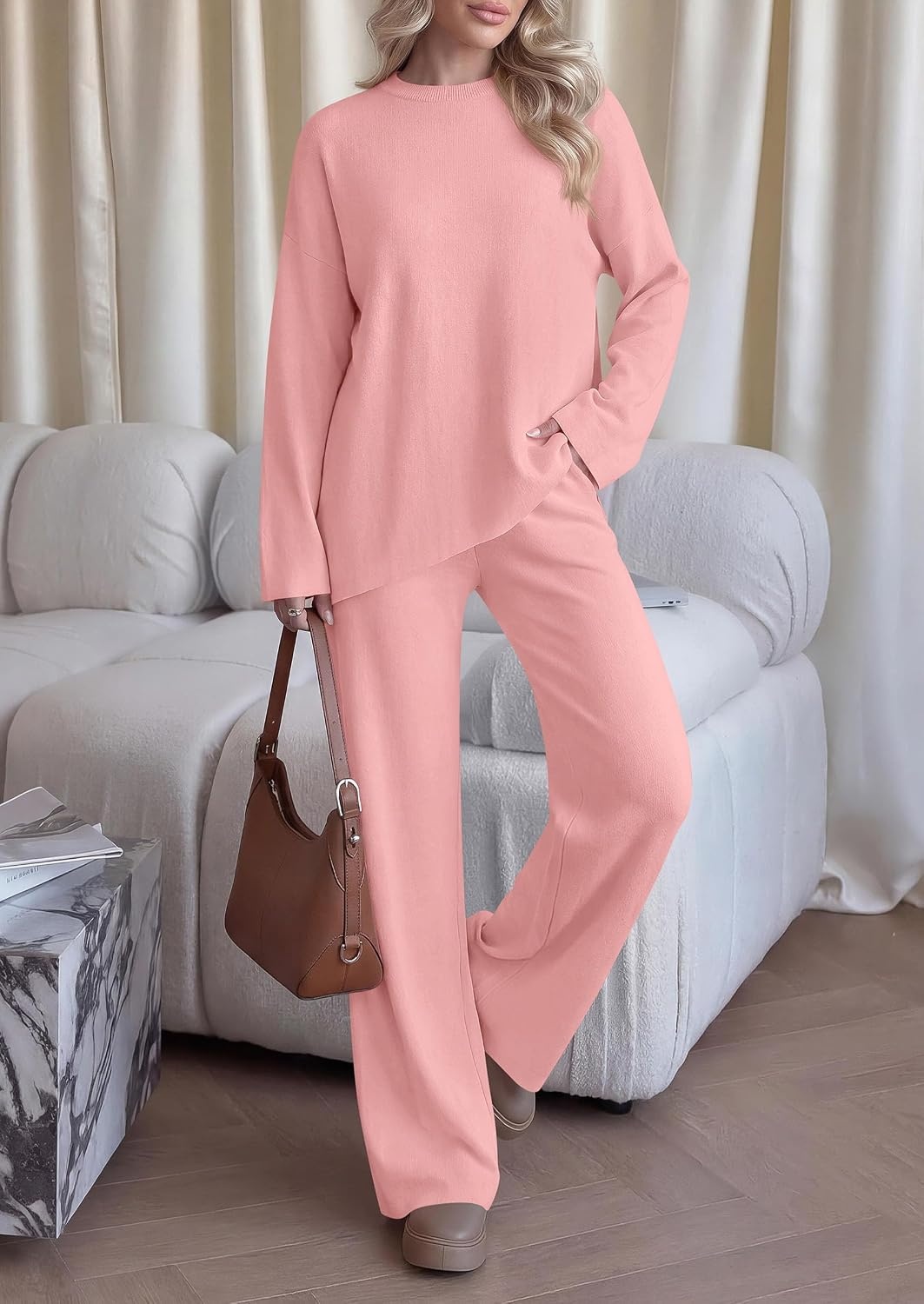 image:imagePRETTYGARDEN Womens Fall 2 Piece Asymmetric Cozy Sweater Travel Lounge SetsPink