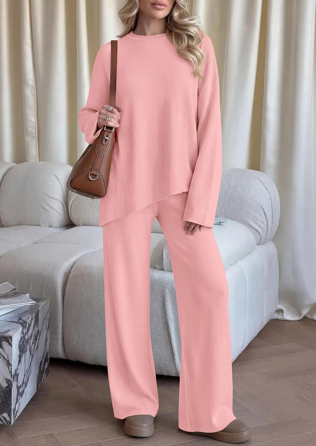 image:imagePRETTYGARDEN Womens Fall 2 Piece Asymmetric Cozy Sweater Travel Lounge SetsPink