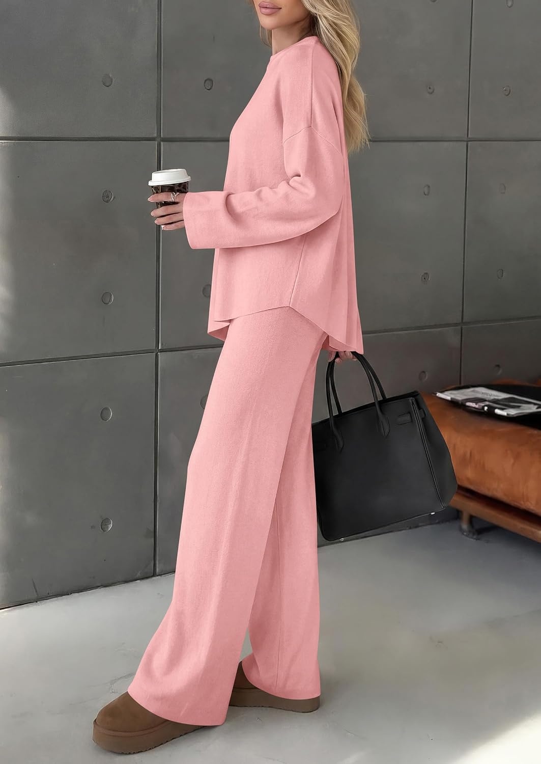 image:imagePRETTYGARDEN Womens Fall 2 Piece Asymmetric Cozy Sweater Travel Lounge SetsPink