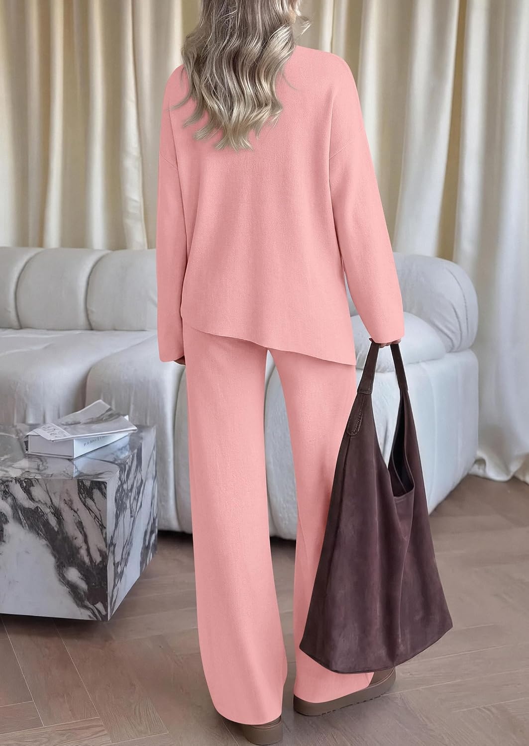 image:imagePRETTYGARDEN Womens Fall 2 Piece Asymmetric Cozy Sweater Travel Lounge SetsPink