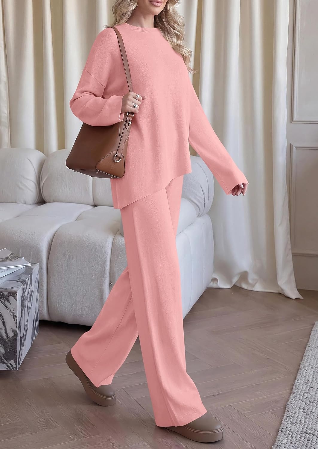 image:imagePRETTYGARDEN Womens Fall 2 Piece Asymmetric Cozy Sweater Travel Lounge SetsPink