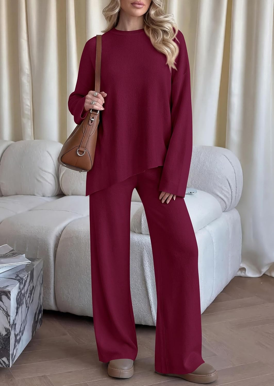 image:imagePRETTYGARDEN Womens Fall 2 Piece Asymmetric Cozy Sweater Travel Lounge SetsWine Red