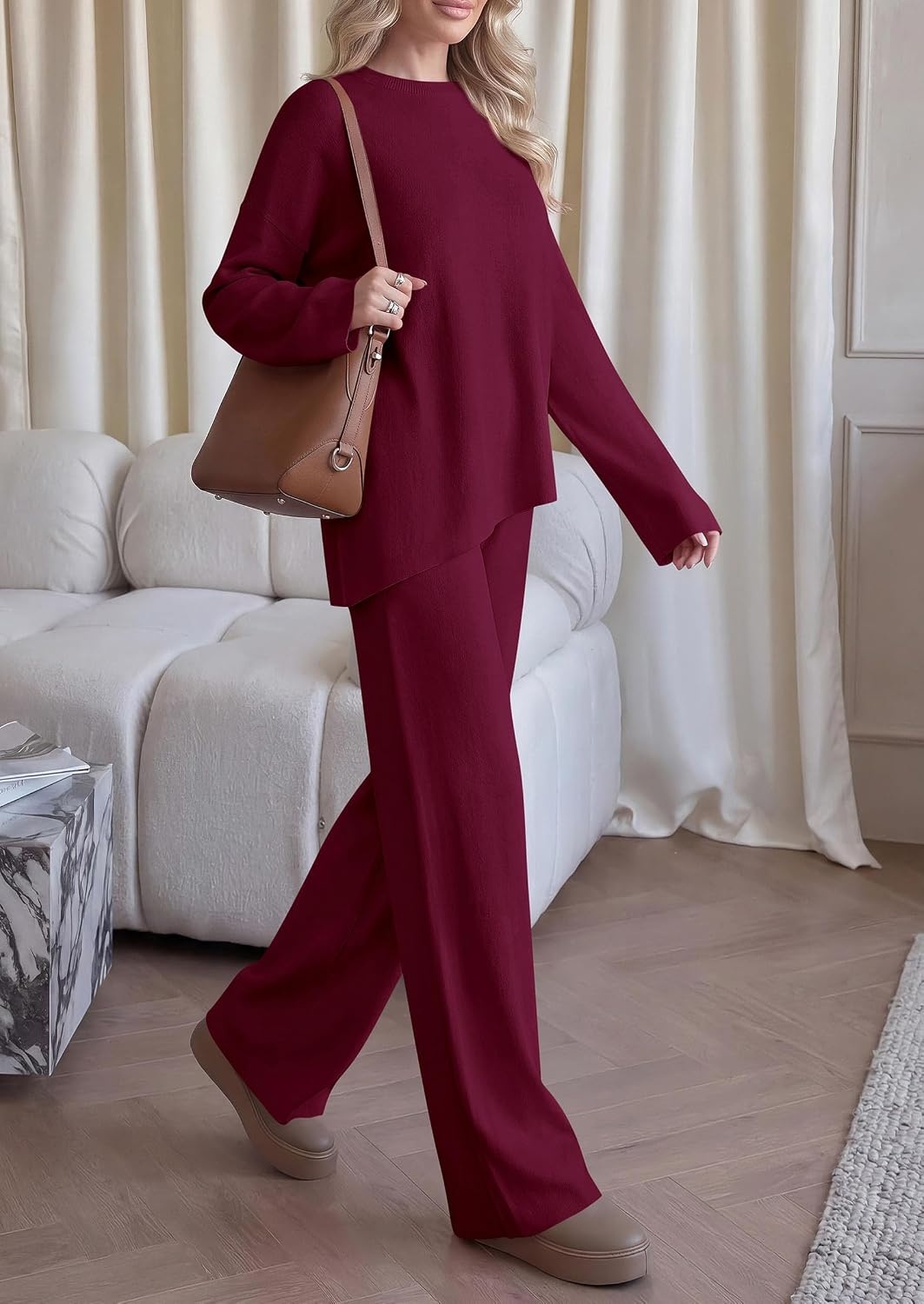 image:imagePRETTYGARDEN Womens Fall 2 Piece Asymmetric Cozy Sweater Travel Lounge SetsWine Red