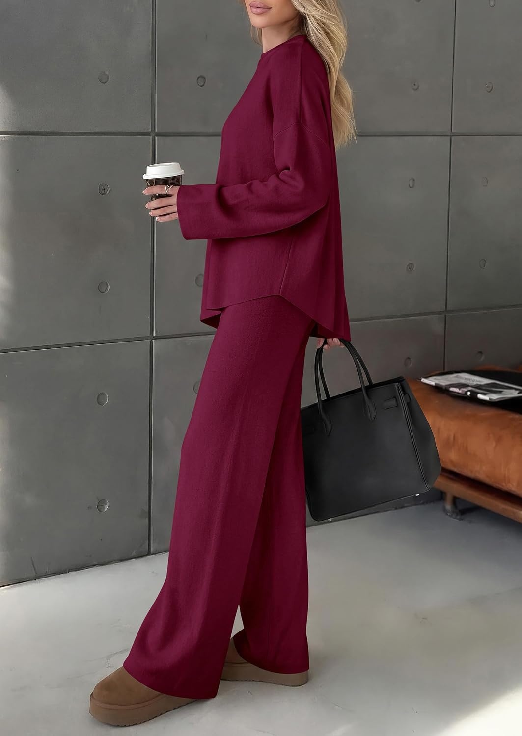 image:imagePRETTYGARDEN Womens Fall 2 Piece Asymmetric Cozy Sweater Travel Lounge SetsWine Red