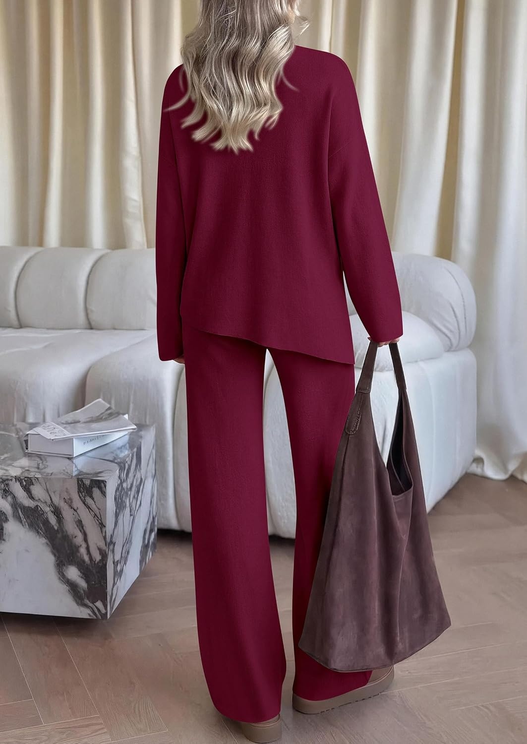image:imagePRETTYGARDEN Womens Fall 2 Piece Asymmetric Cozy Sweater Travel Lounge SetsWine Red