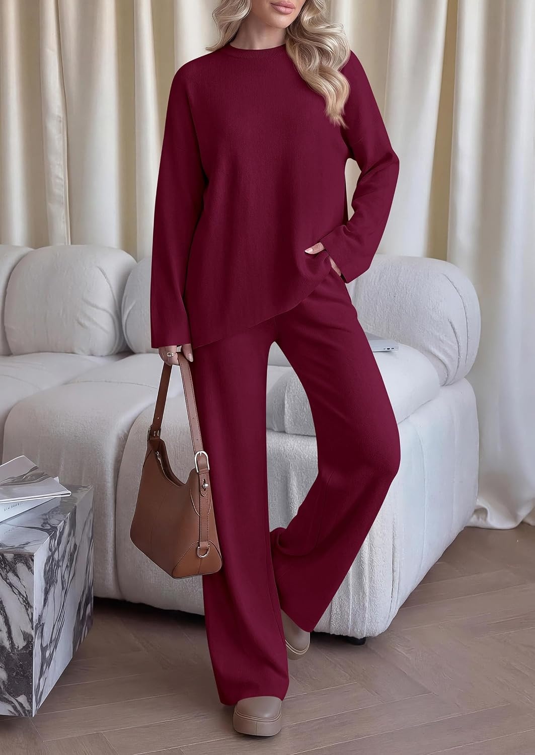image:imagePRETTYGARDEN Womens Fall 2 Piece Asymmetric Cozy Sweater Travel Lounge SetsWine Red