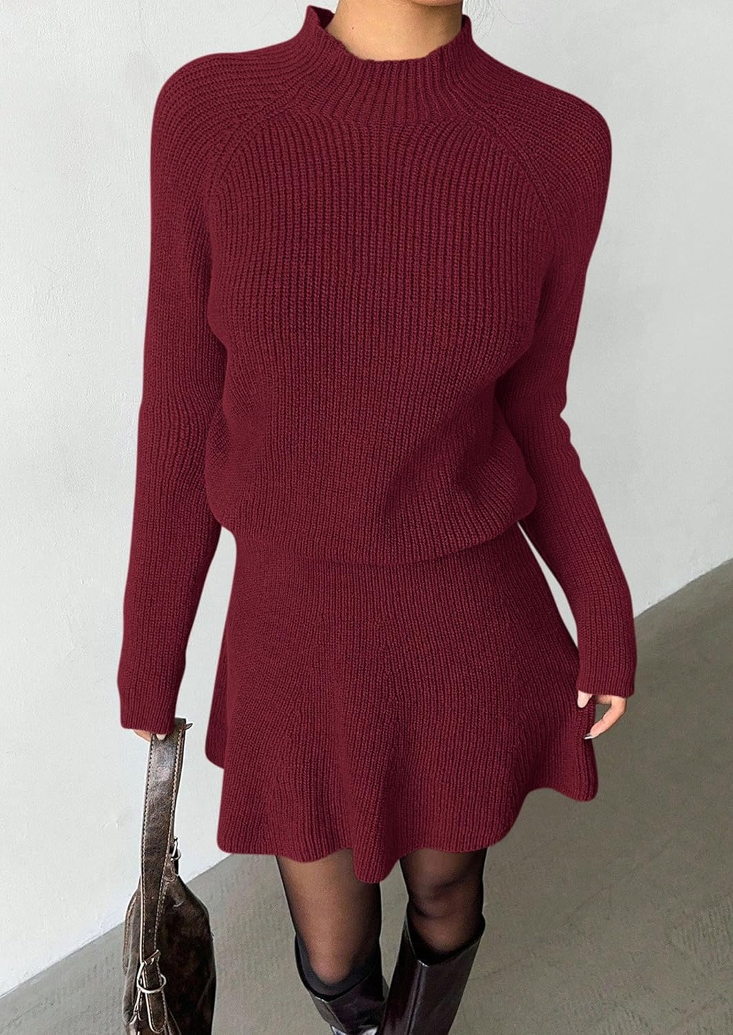 image:imagePRETTYGARDEN Womens Fall 2 Piece Outfits Matching Sweater Skirt SetsBurgundy