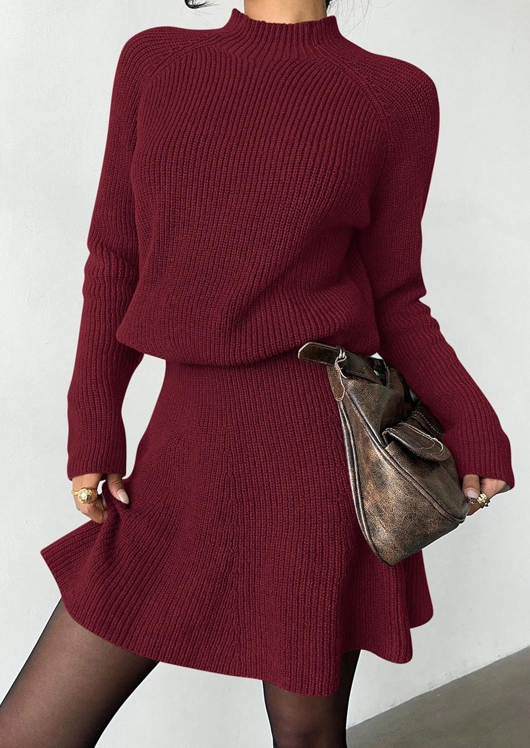 image:imagePRETTYGARDEN Womens Fall 2 Piece Outfits Matching Sweater Skirt SetsBurgundy